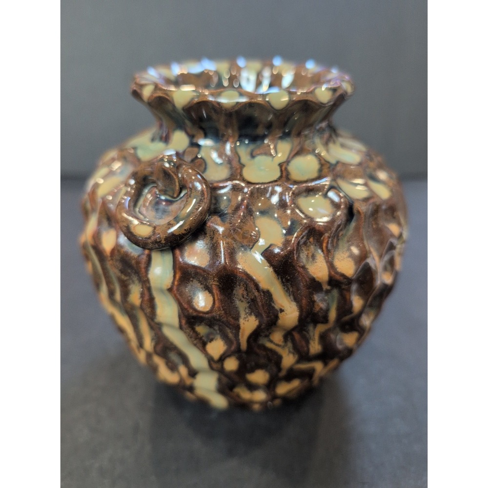 Dimpled Earth-Tone Drip Glazed Pottery Vase 6" Tall Marked